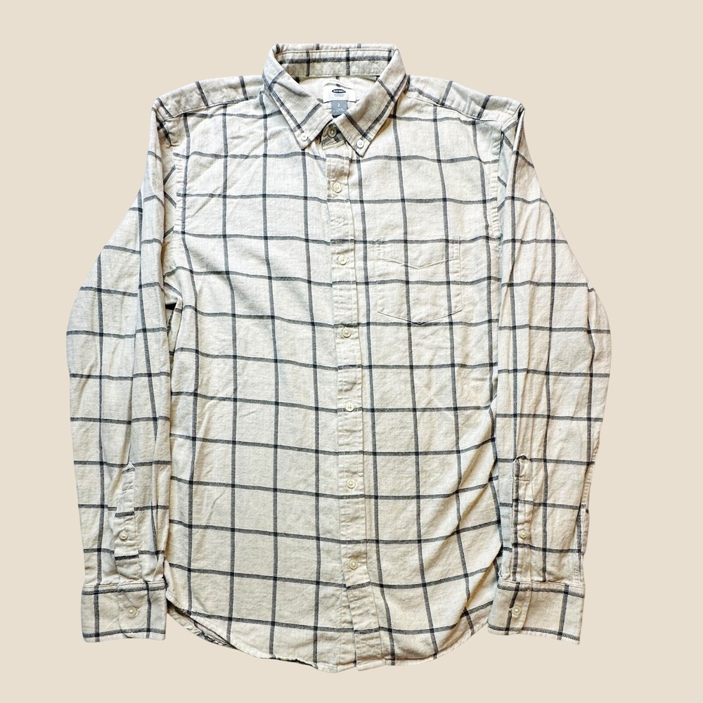 Old Navy Shirt Mens Large Slim Fit Flannel Cream Black Windowpane Button Down
